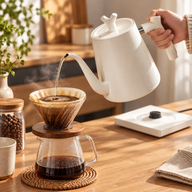 White Yozcoffee 1L smart gooseneck kettle pouring water into a pour-over coffee dripper