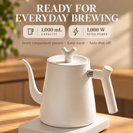 White Yozcoffee smart gooseneck kettle highlighting 1,000 mL capacity and 1,000 W rated power
