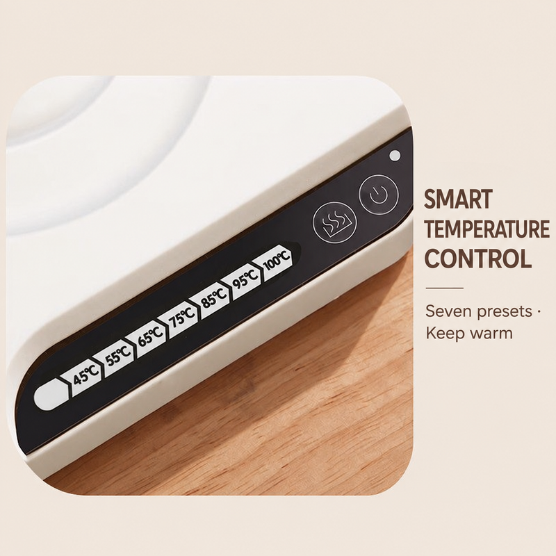 Close-up of the smart kettle base showing seven presets from 45°C to 100°C and keep-warm control