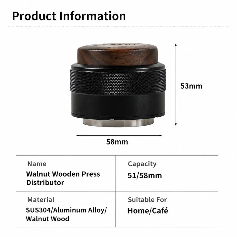 Espresso Distributor Tamper 51/58mm Walnut Wood Puck Prep: wood silver use