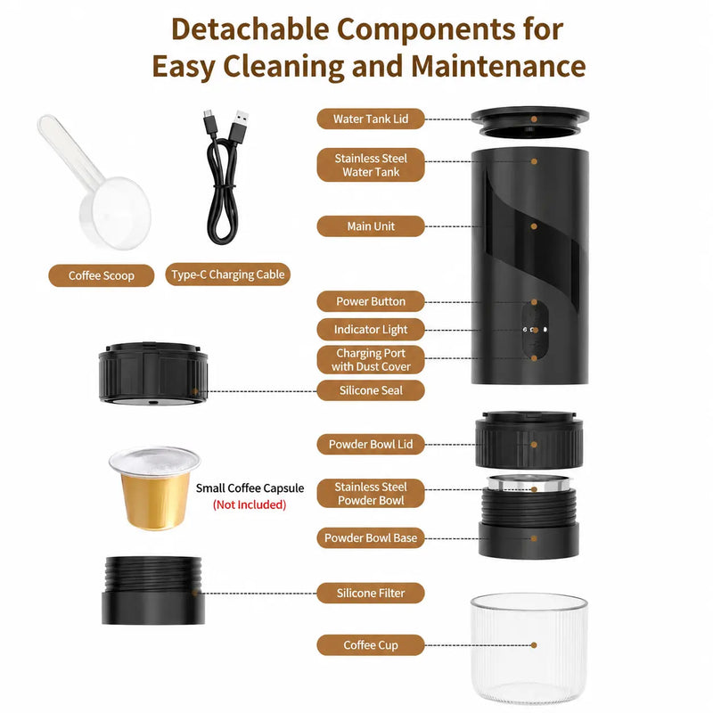 Portable Espresso Maker 51mm 2-in-1 Ground & Capsule Black: portable detachable parts