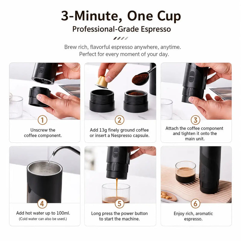 Portable Espresso Maker 51mm 2-in-1 Ground & Capsule Black: portable brewing steps