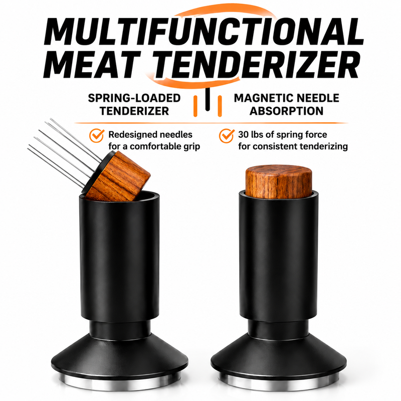 Alternate view of Yozcoffee 2-in-1 espresso tamper feature overview showing the tamper and magnetic needle design
