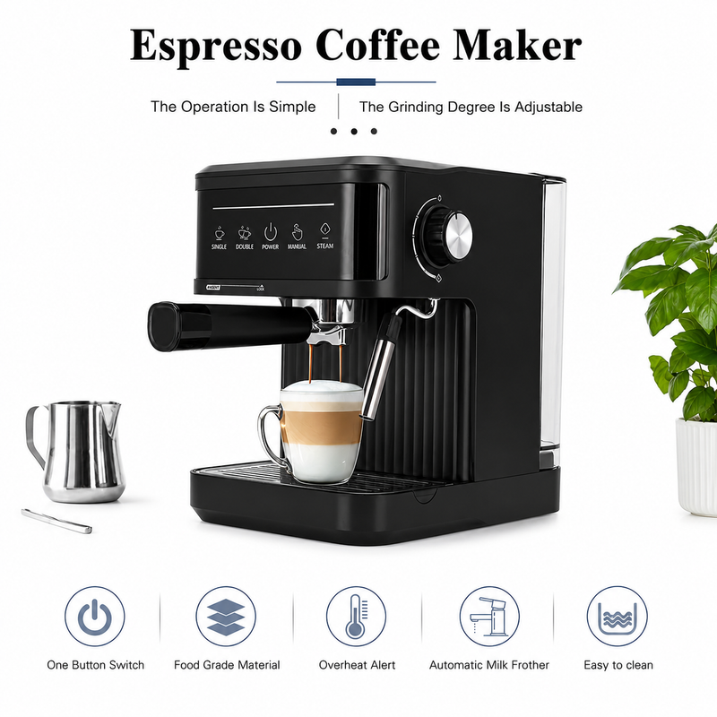 Yozcoffee black espresso coffee maker preparing latte with steam wand and portafilter