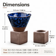 Dimensions of the 200ml ceramic coffee cup and square base in centimeters and inches