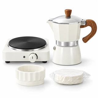 Yozcoffee white 3-cup moka pot four-piece set with electric hot plate, coffee distributor and filter papers