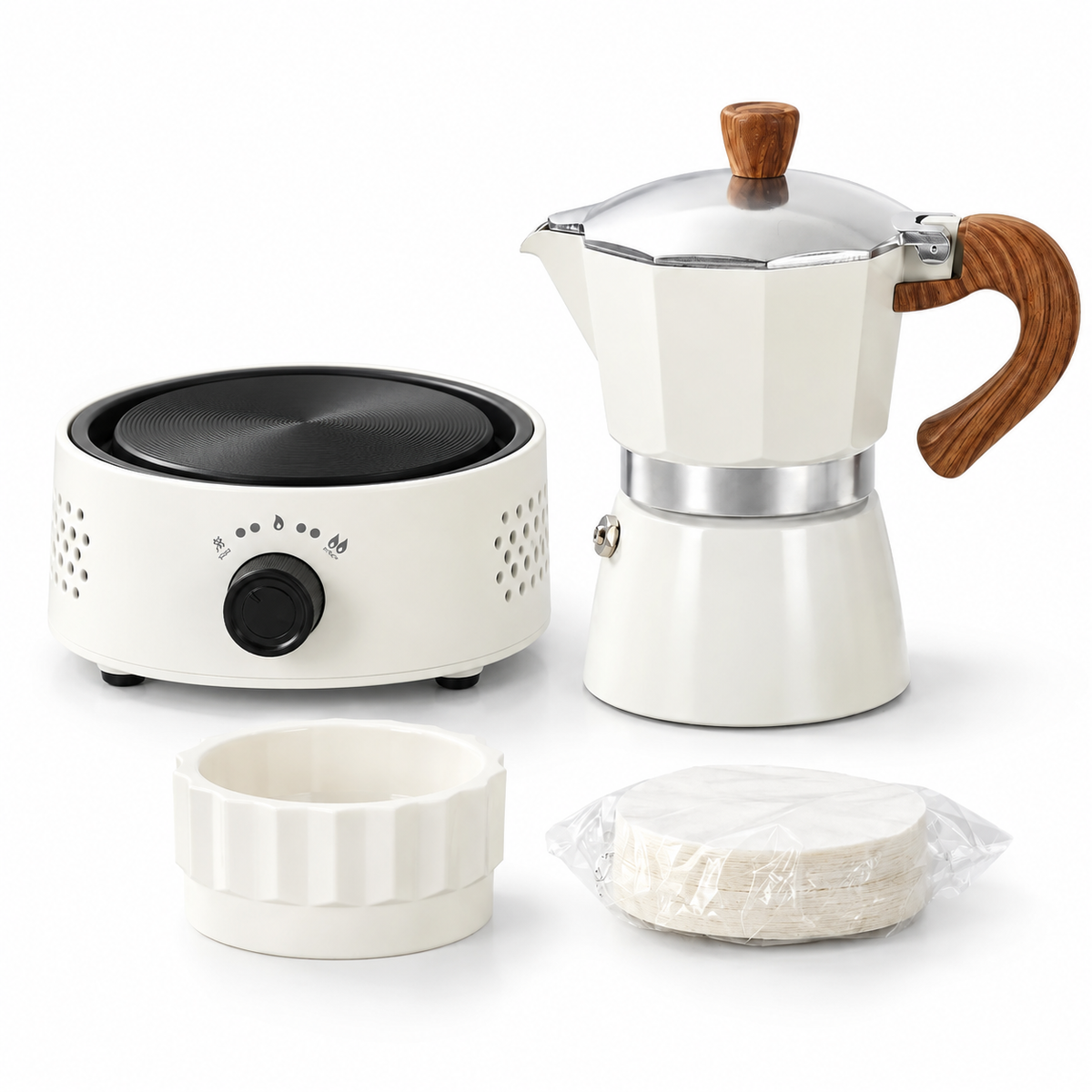White 150 ml moka pot four-piece set with round electric hot plate, distributor and filter papers