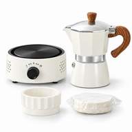 White 150 ml moka pot four-piece set with round electric hot plate, distributor and filter papers