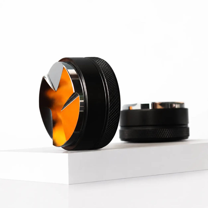 Espresso Distributor Leveler 51/53/58mm Aluminum Alloy 3-Leaf: in a lifestyle coffee setup angle