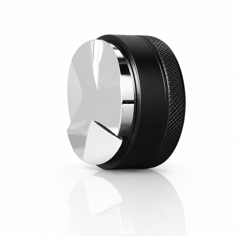 Base view of the Yozcoffee 3-leaf espresso distributor showing the polished leveling surface