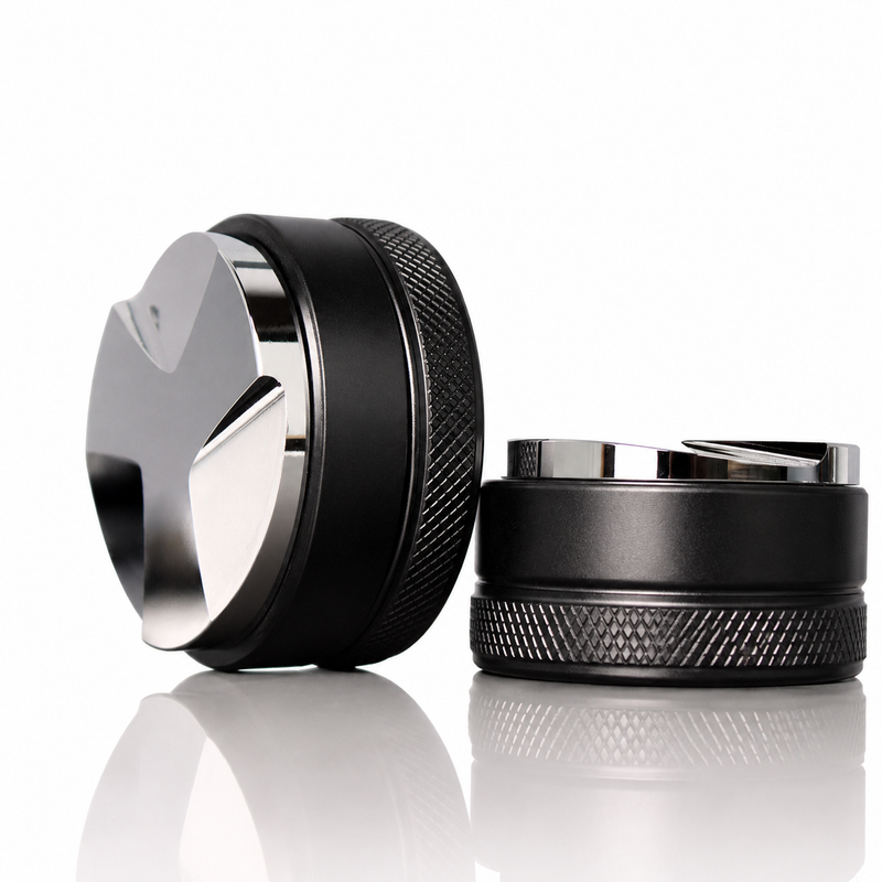 Yozcoffee 3-leaf espresso distributor in black shown from the front with side profile on a white background