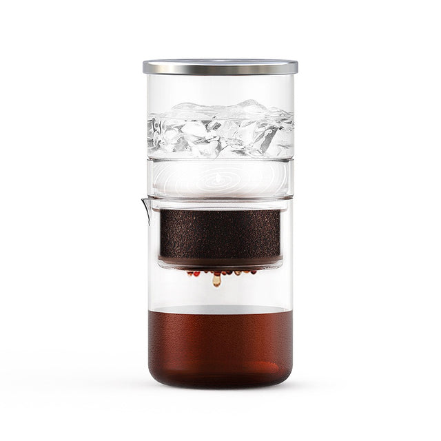 Yozcoffee 300ml ice drip cold brew coffee maker filled with ice water coffee grounds and brewed coffee