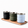 Yozcoffee 300 ml insulated coffee cups in Black, Olive Green, and Light Blue displayed on a wooden serving tray