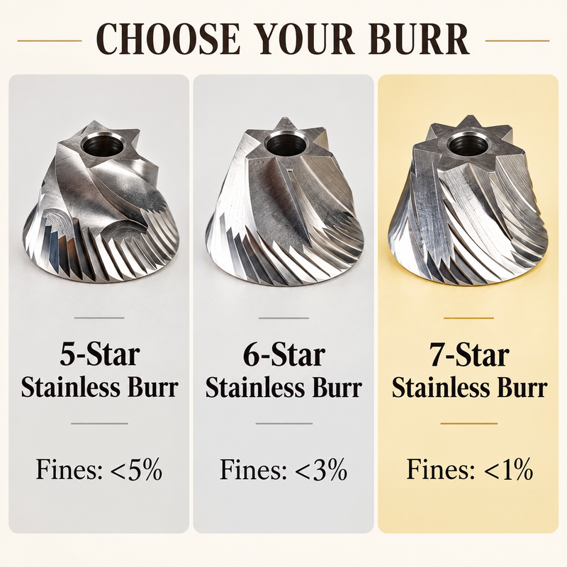 Three optional stainless steel burrs for Yozcoffee grinder: 5-Star, 6-Star and 7-Star