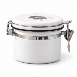 Pearl white 500ml Yozcoffee coffee bean canister with stainless rim and manual date dial on white background