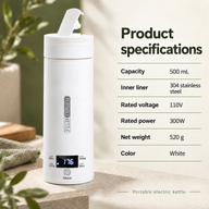 White travel kettle specifications: 500 mL, 304 stainless steel inner liner, 110V, 300W and 520 g