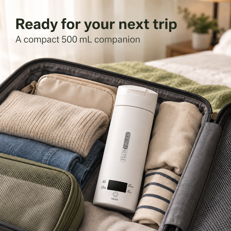 White flip-top travel kettle packed in a suitcase with its display switched off