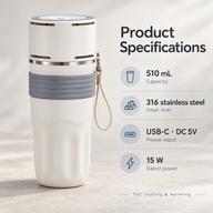 510 mL TEC travel mug specifications: 316 stainless steel liner, USB-C DC 5V input and 15 W rated power
