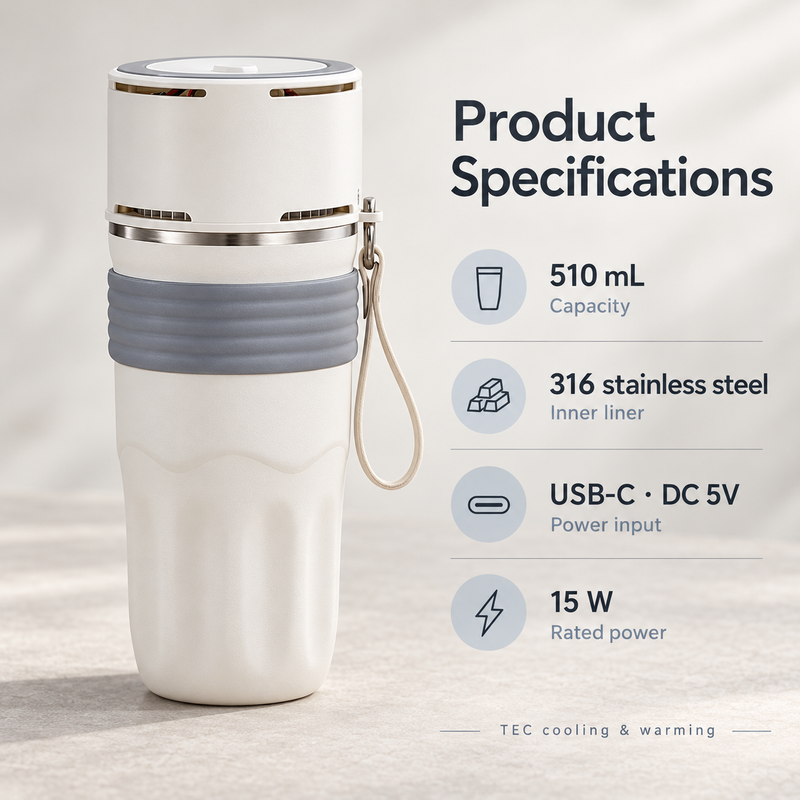 510 mL TEC travel mug specifications: 316 stainless steel liner, USB-C DC 5V input and 15 W rated power
