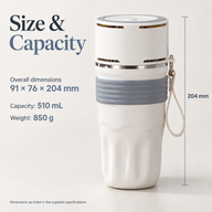 Temperature-control mug dimensions of 91 by 76 by 204 mm, 510 mL capacity and 850 g weight