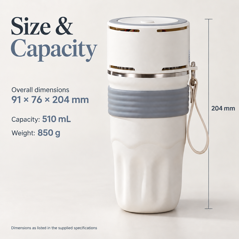Temperature-control mug dimensions of 91 by 76 by 204 mm, 510 mL capacity and 850 g weight