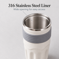 Open 510 mL travel mug showing the wide mouth and 316 stainless steel liner