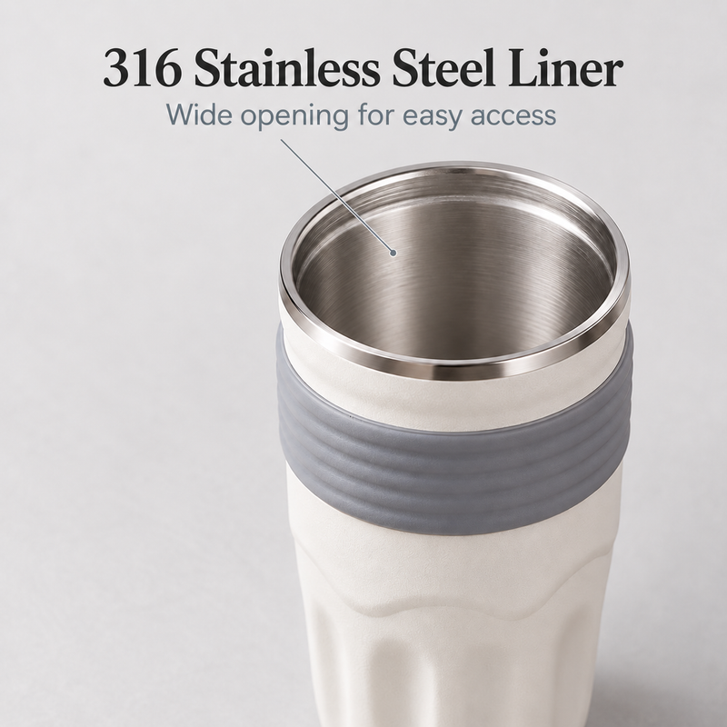 Open 510 mL travel mug showing the wide mouth and 316 stainless steel liner