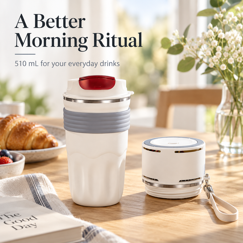 Ivory 510 mL travel mug with red flip drinking lid beside its detached temperature-control lid at breakfast