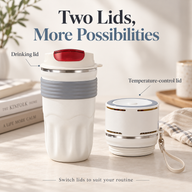 Yozcoffee 510 mL ivory cup fitted with the red flip drinking lid beside its detached temperature-control lid