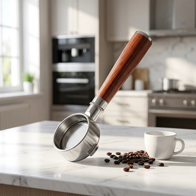 54mm bottomless portafilter with solid wood handle on a home coffee bar