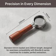 54mm bottomless portafilter dimensions showing 220mm length and 54mm basket