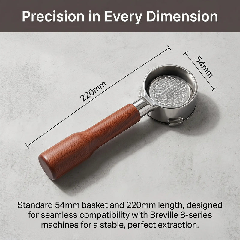 54mm bottomless portafilter dimensions showing 220mm length and 54mm basket