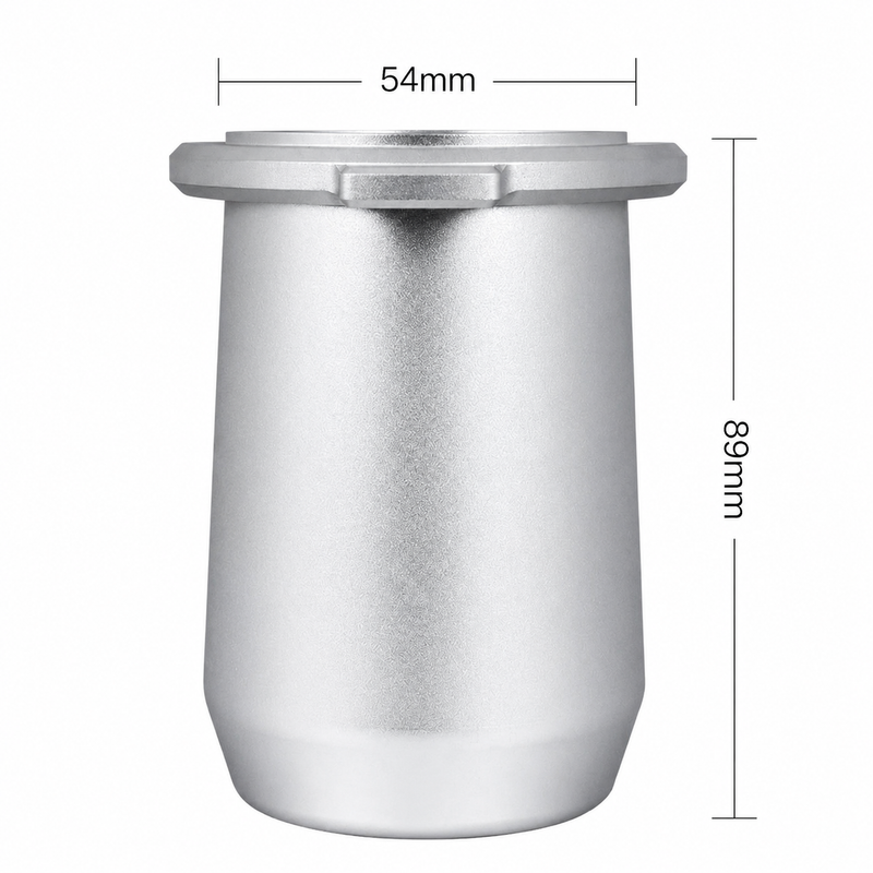 Yozcoffee 54mm espresso dosing cup in silver with dimension callouts