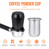 Feature overview graphic for the Yozcoffee 54mm espresso dosing cup in black and silver