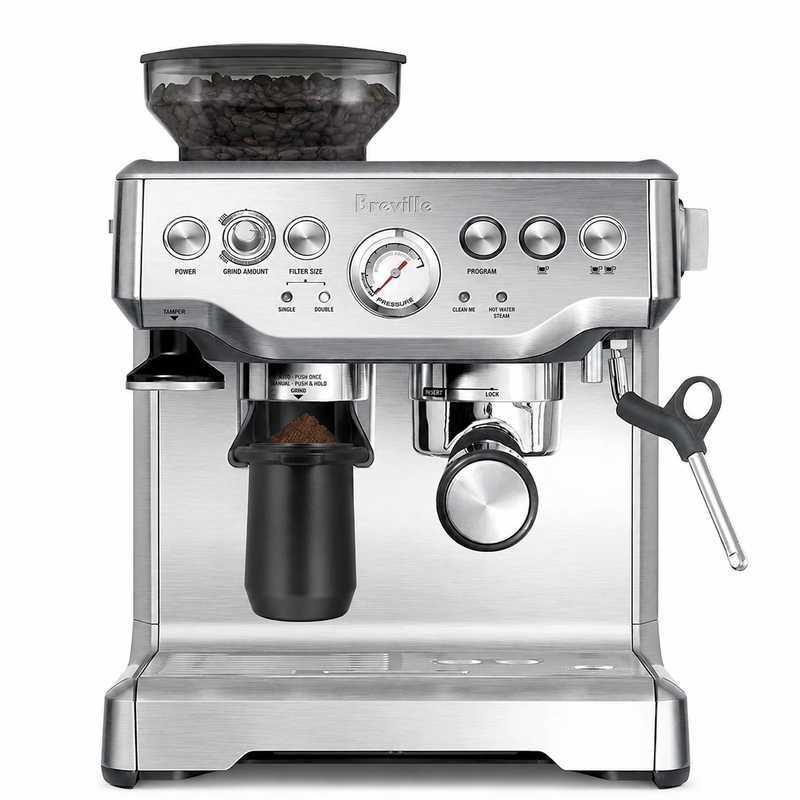 Yozcoffee 54mm espresso dosing cup installed on a Breville 8 Series espresso machine
