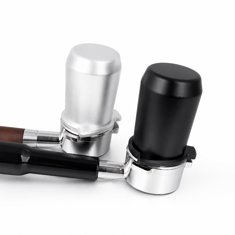 Yozcoffee 54mm espresso dosing cup attached to portafilters in black and silver