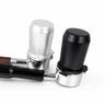 Yozcoffee 54mm espresso dosing cup attached to portafilters in black and silver