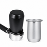 Black and silver Yozcoffee 54mm espresso dosing cups shown side by side