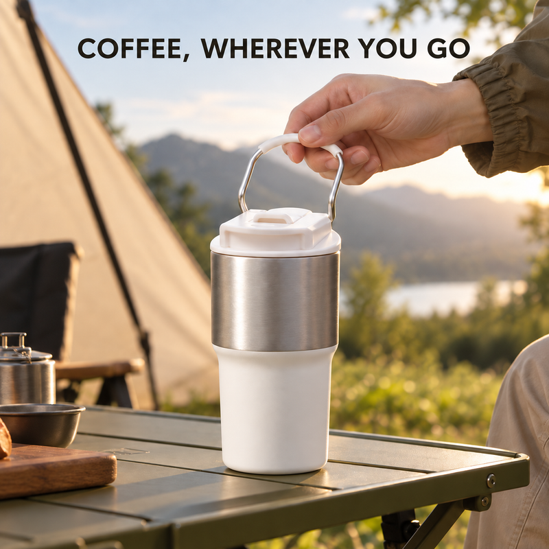 Mug de voyage pour café - 550ml, acier inoxydable, couvercle à double ouverture et poignée pliable - image du produit