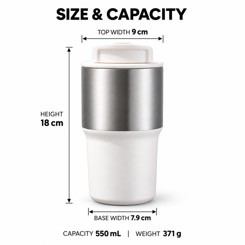 Mug de voyage pour café - 550ml, acier inoxydable, couvercle à double ouverture et poignée pliable - image du produit