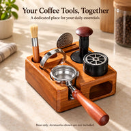 Wooden tamping station holding espresso tools for demonstration; accessories not included