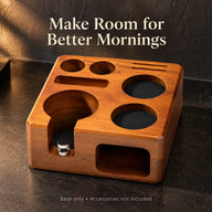 Solid wood portafilter support and tool organizer on a dark counter