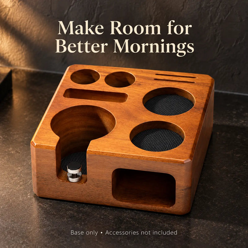 Solid wood portafilter support and tool organizer on a dark counter