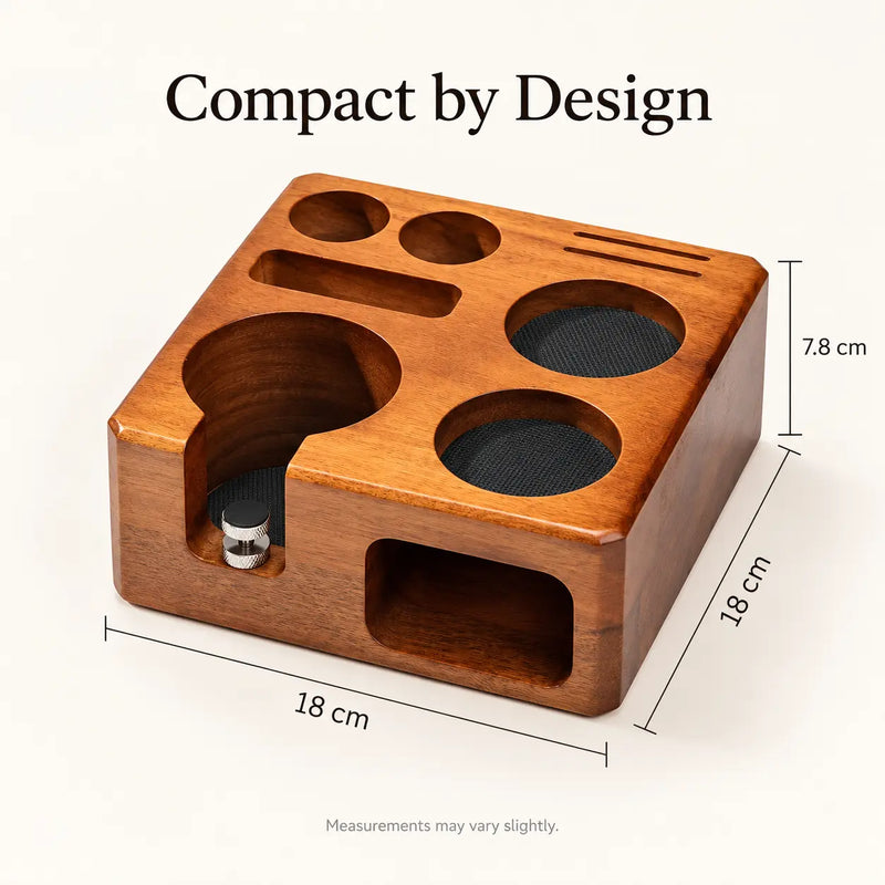 Wood espresso tamping station measuring 18 by 18 by 7.8 cm