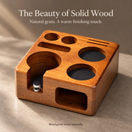 Natural wood grain and rounded edges of the Yozcoffee tamping station