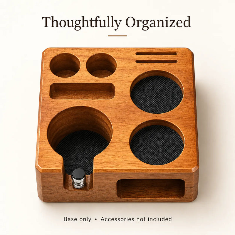 Top view of empty espresso organizer showing tool recesses and screen slots