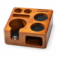 Yozcoffee 58mm solid wood tamping station base on a white background
