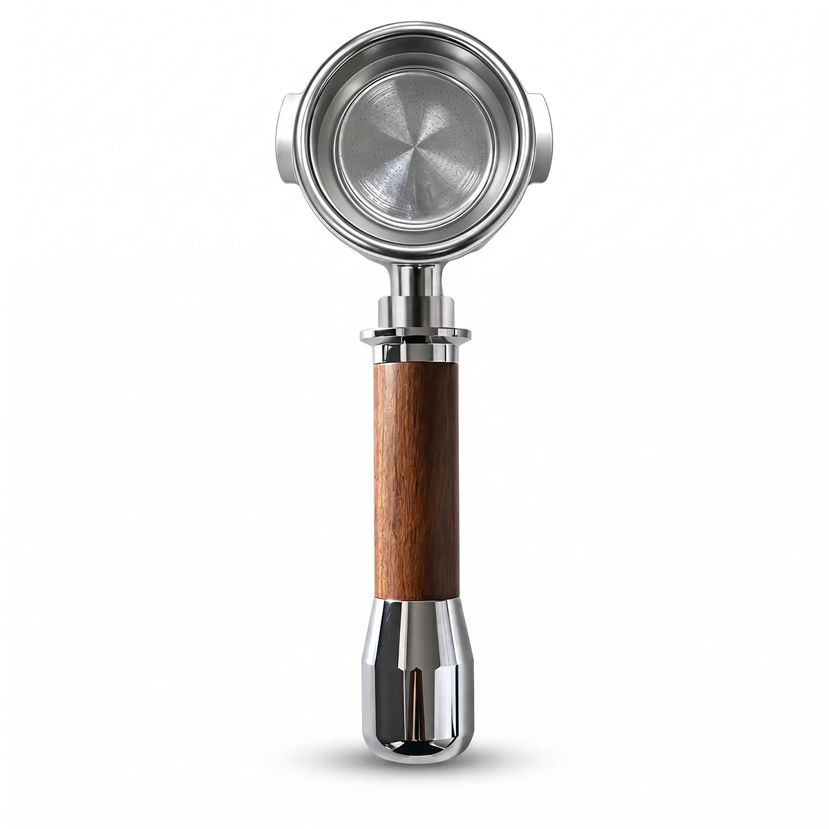 E61 Portafilter 58mm Wood Handle Bottomless & Spouted: handle bottomless spouted hero product shot