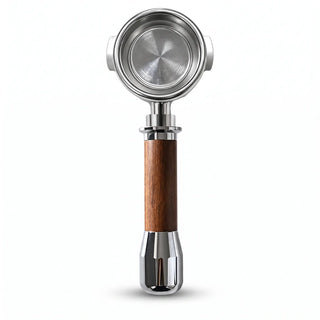 E61 Portafilter 58mm Wood Handle Bottomless & Spouted: handle bottomless spouted hero product shot