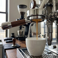 E61 Portafilter 58mm Wood Handle Bottomless & Spouted: bottomless spouted alternate angle full